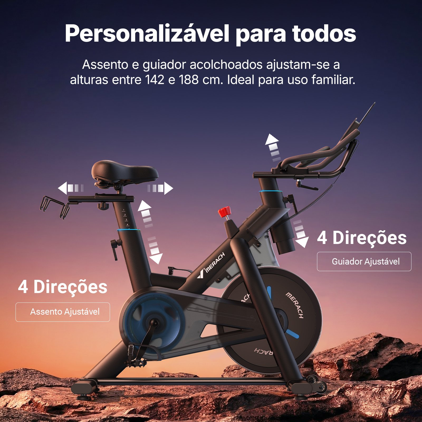 Schwarzes Heimfahrrad vor Felsenlandschaft mit Text für verstellbaren Sitz und Lenker.