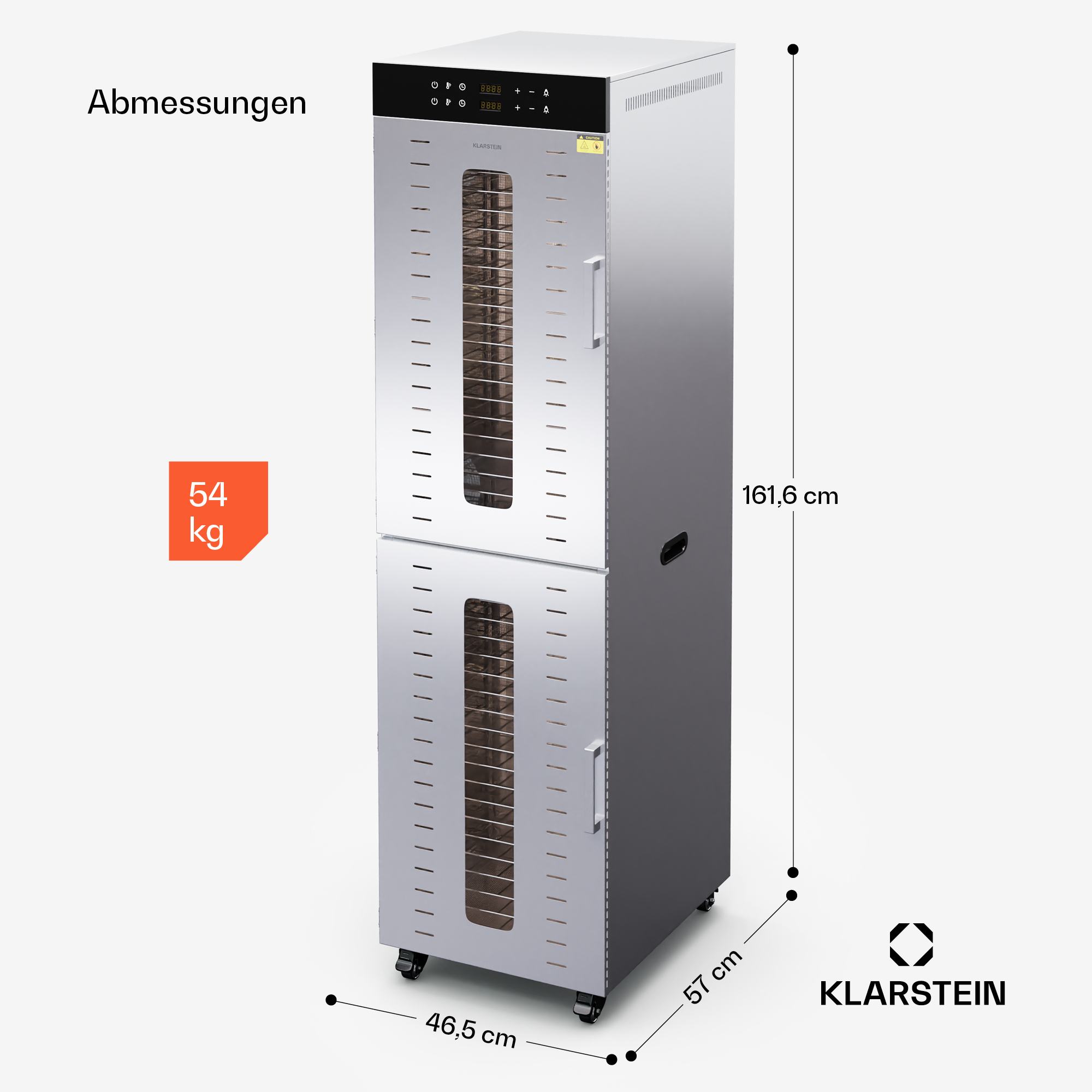Silberner Edelstahl-Trockenschrank mit zwei Glastüren, digitalen Bedienelementen und Maßangaben.