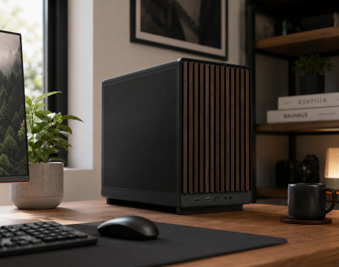 Ein schwarzer PC mit Holzfront steht auf einem Holztisch, daneben eine Maus, Tastatur und eine Topfpflanze.