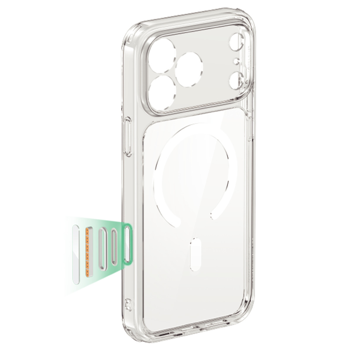 Transparente Handyhülle mit MagSafe-Ring und Schaltflächendetail.