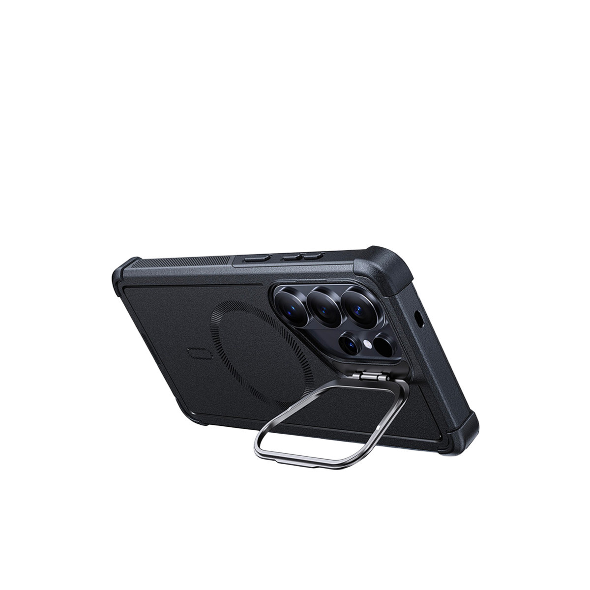 Arkasında entegre metal stand bulunan koruyucu kılıf içindeki siyah akıllı telefon.