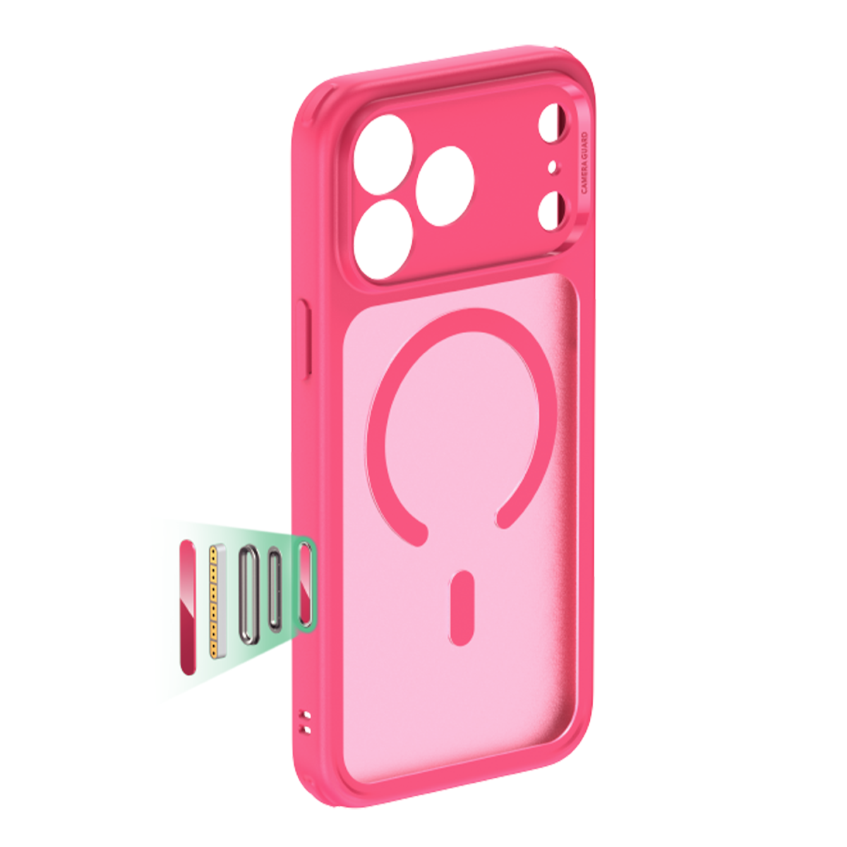 Kamera kesikli ve MagSafe halkalı pembe akıllı telefon kılıfı.