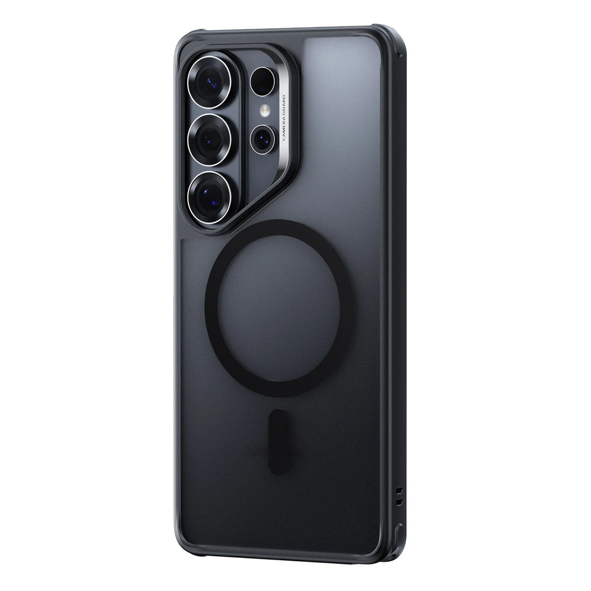 Schwarze Schutzhülle für ein Smartphone mit mehreren Kameras und magnetischem Ring auf der Rückseite.