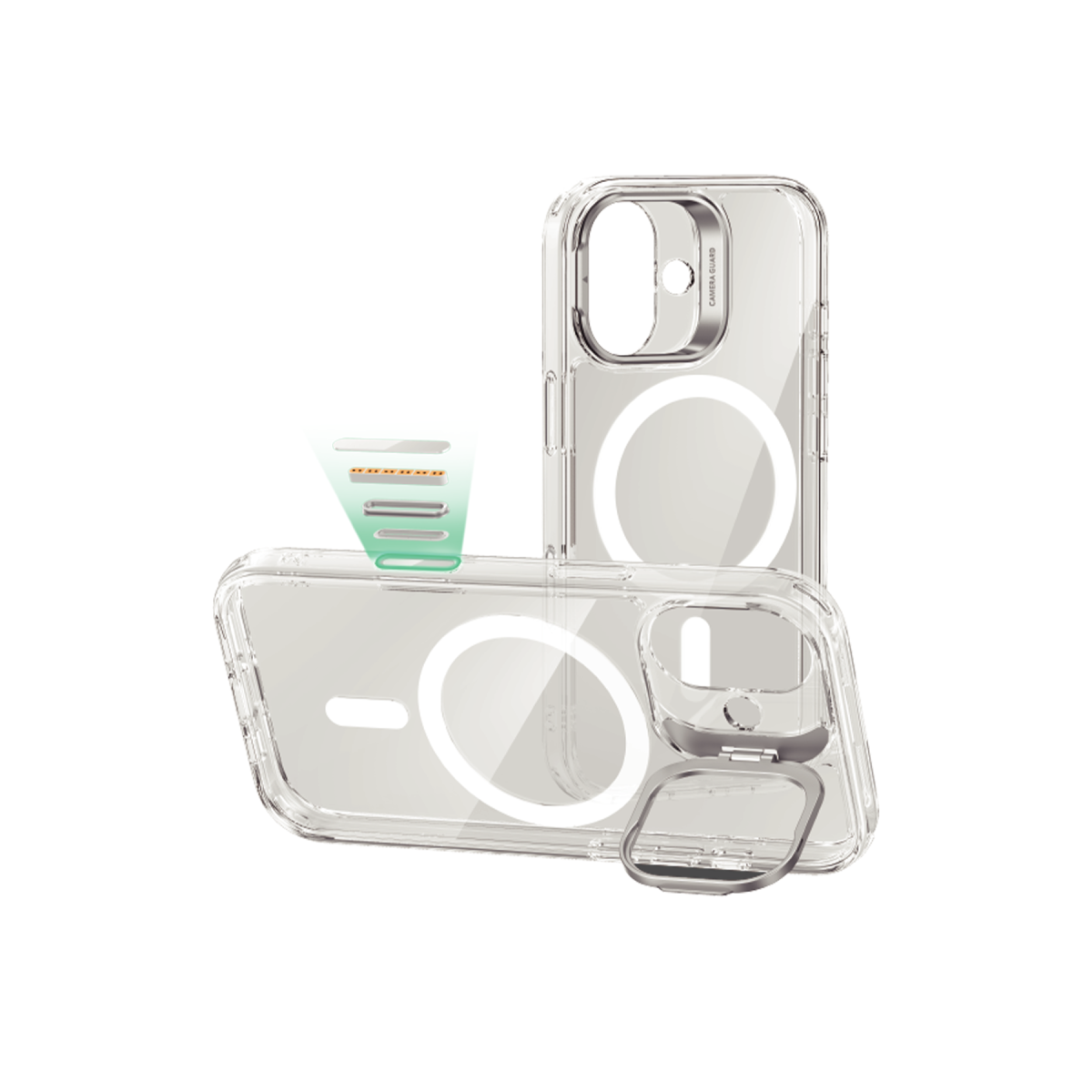 MagSafe halkalari, kamera korumasi ve entegre standi olan iki seffaf telefon kilifi, dugme patlatilmis gornumuyle.