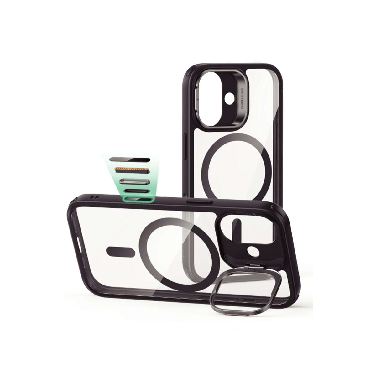 MagSafe halkali iki siyah telefon kilfi, biri dikey ve digeri stantli yatay.