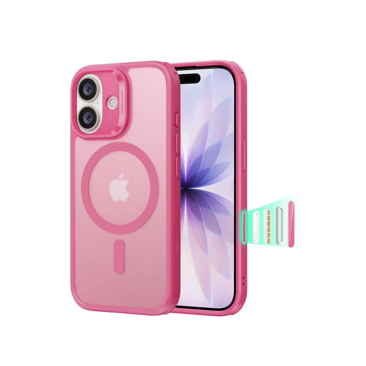 MagSafe halkalı ve çıkarılabilir yan tuşlu pembe akıllı telefon kılıfı.