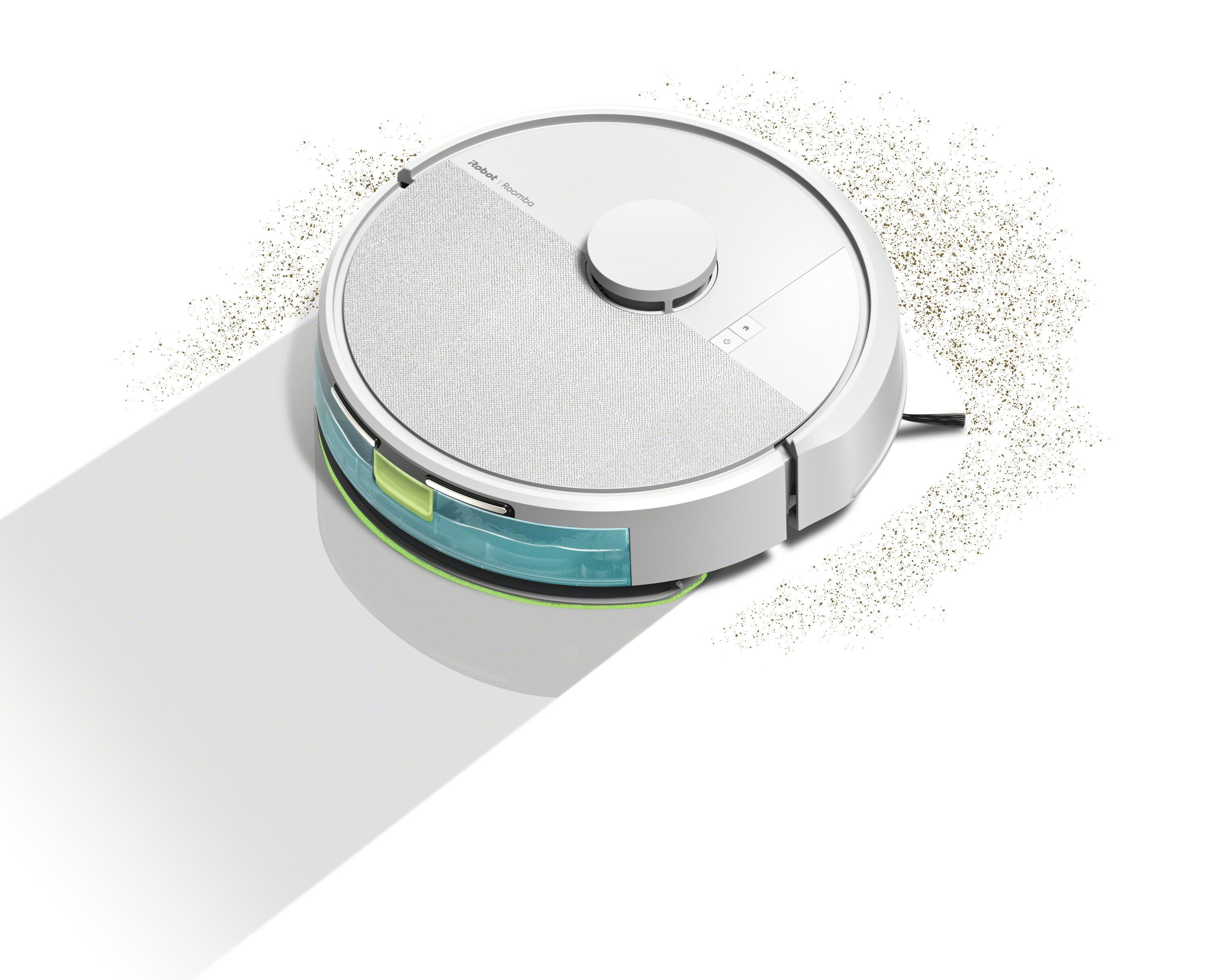 Beyaz zemin üzerinde kir parçacıklarıyla çevrili beyaz bir Roomba robot süpürge.