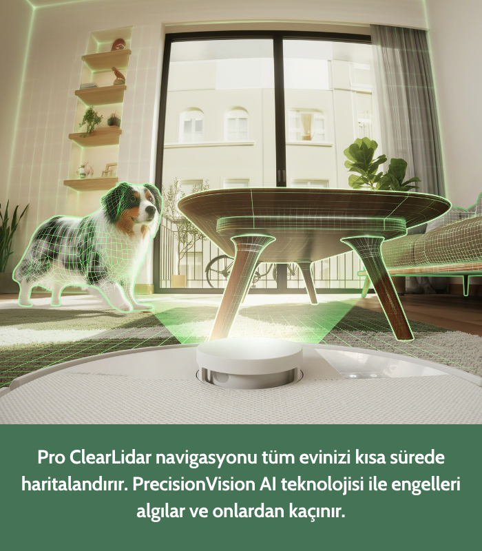 Robot sprzątający skanuje salon, oznaczając psa i meble na zielono.