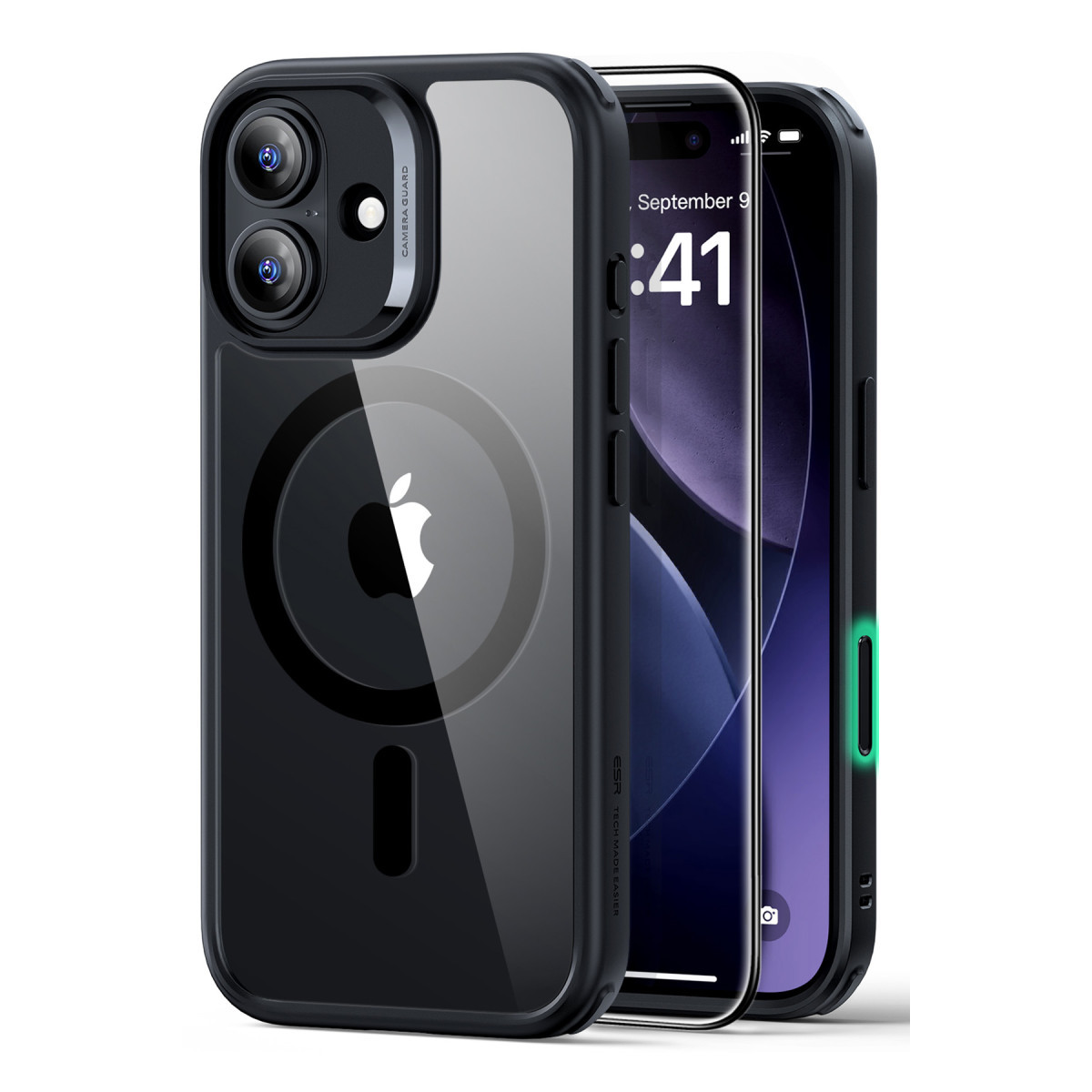 Beyaz arka plan önünde siyah MagSafe akıllı telefon kılıfı ve ekran koruyuculu iki iPhone.