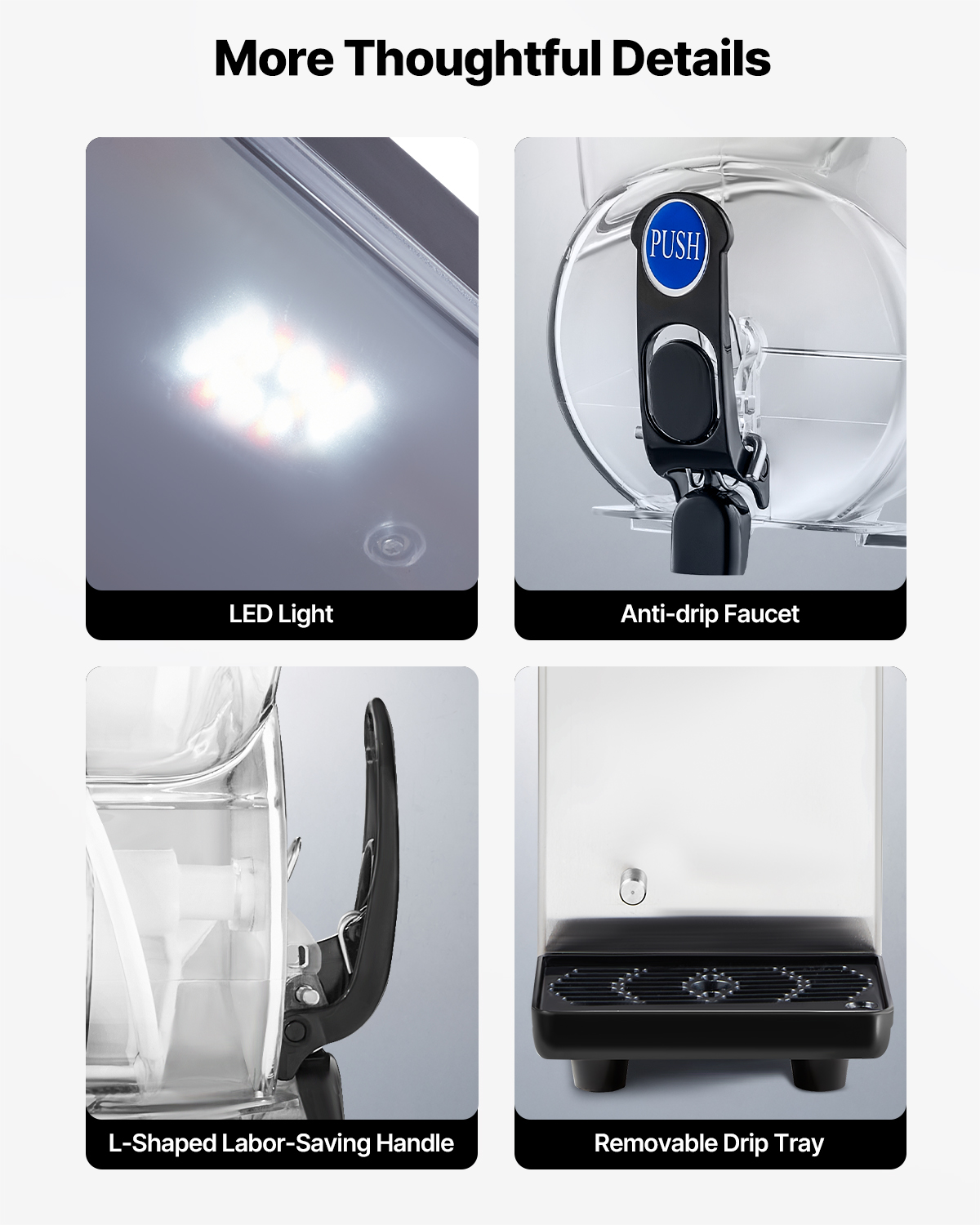 Cuatro imágenes muestran detalles de una máquina de granizados: luz LED, grifo antigoteo, manija y bandeja.