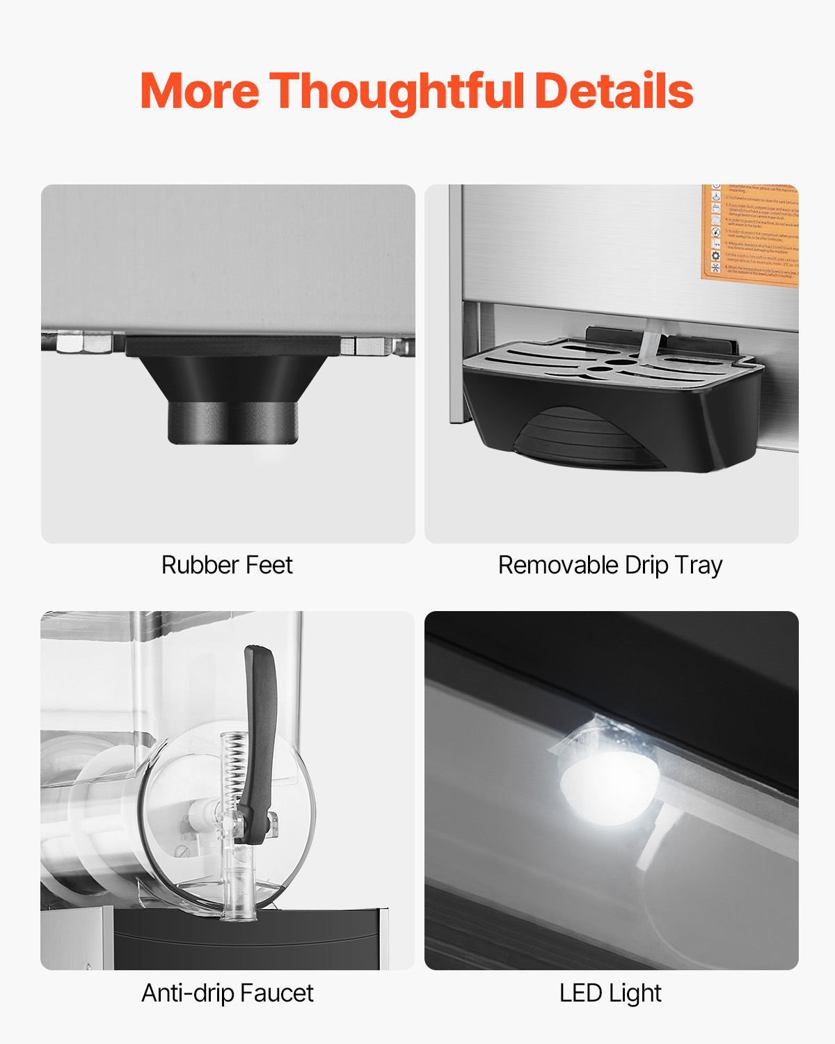 Cuatro detalles muestran las patas de goma, la bandeja de goteo, el grifo y la luz LED.