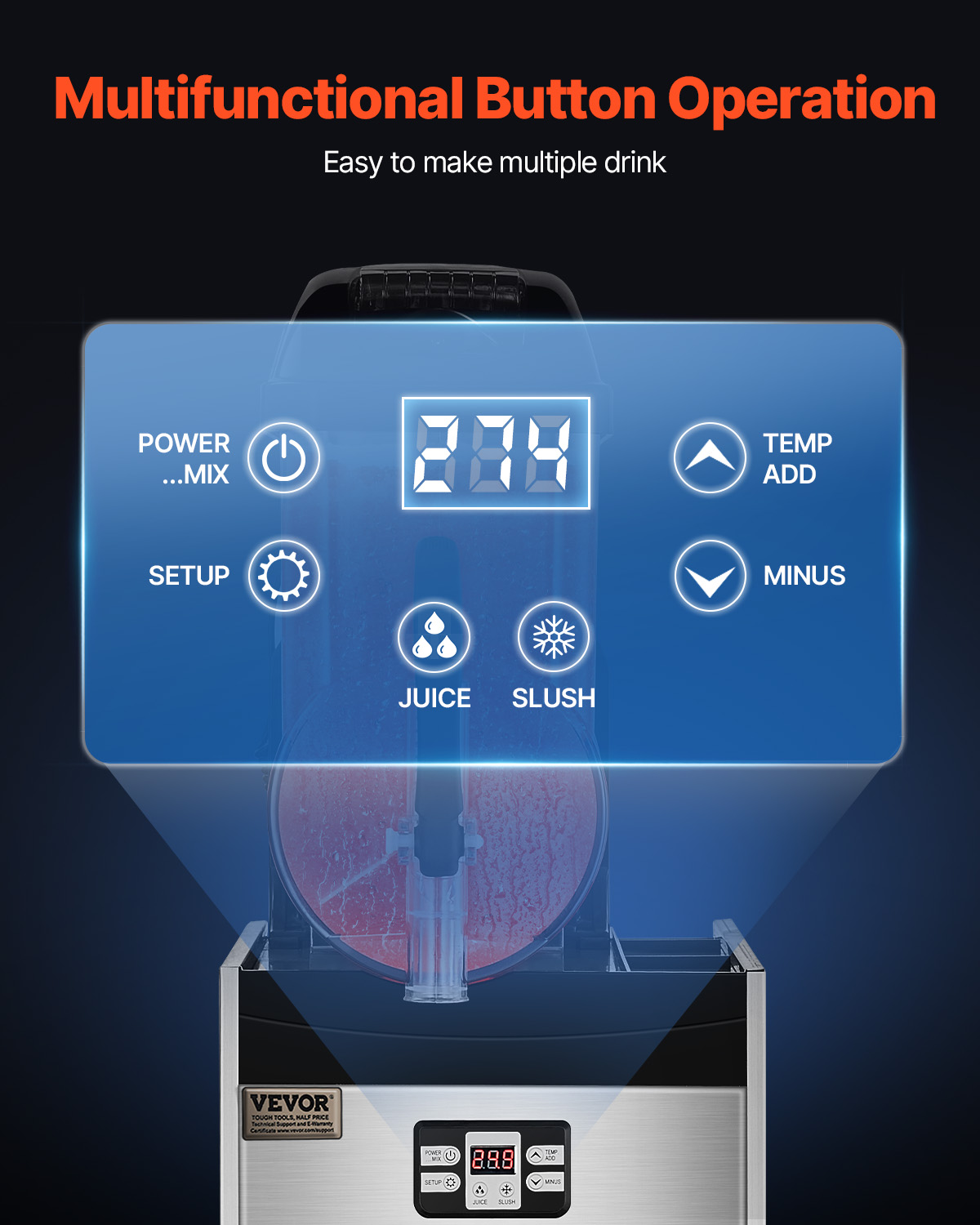 Panel de control para máquina de granizados con botones de encendido, configuración, temperatura y modos.