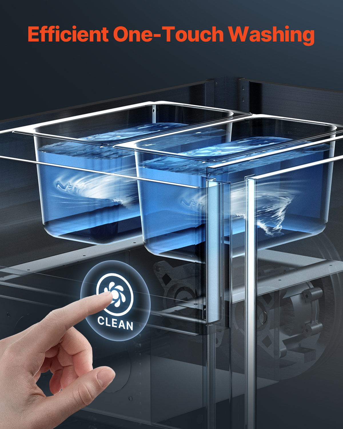 Mano presionando un botón azul 'Clean' en una lavadora con dos tanques de agua.