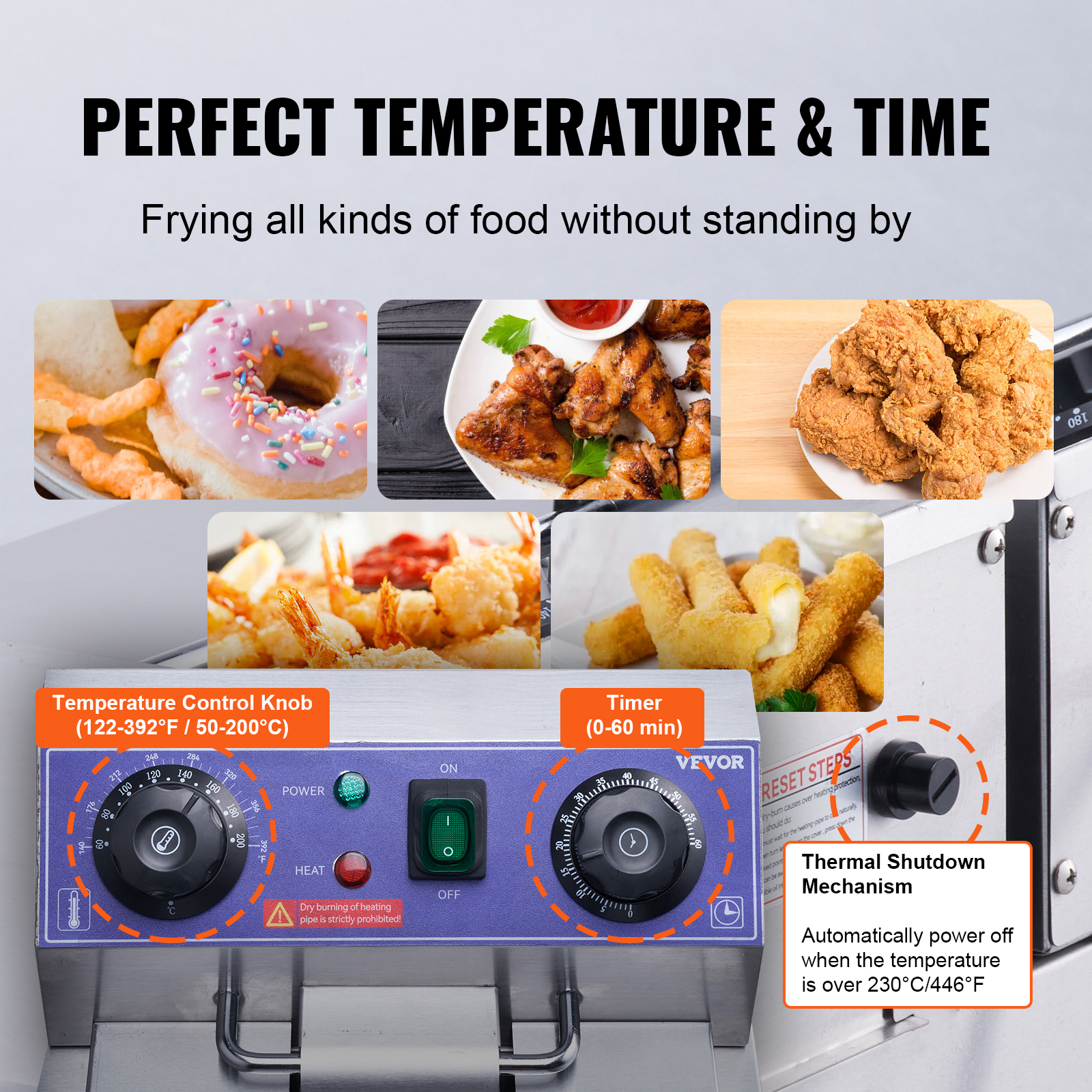 Pannello di controllo di una friggitrice con manopola della temperatura, timer, interruttore e vari cibi fitti.