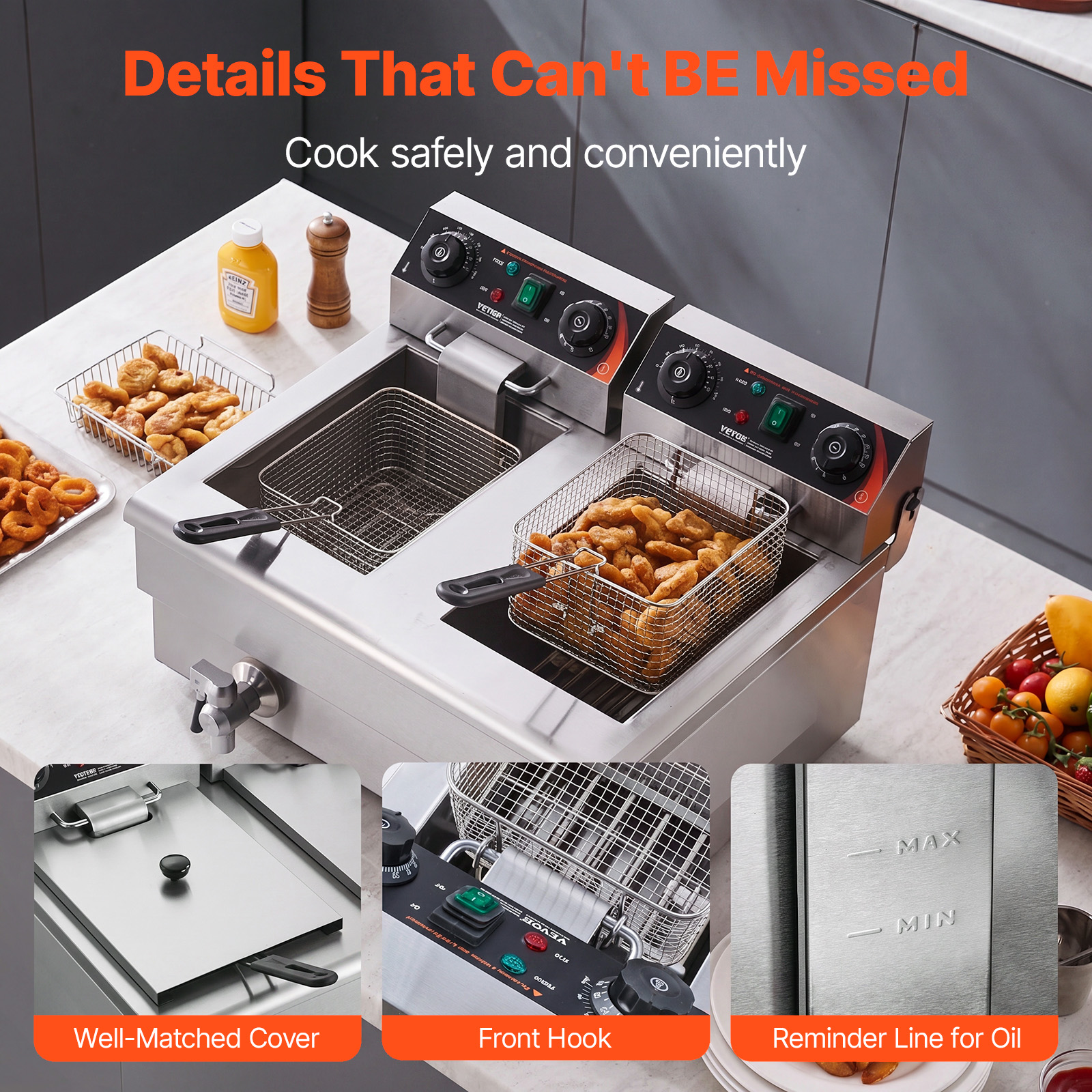 Una doppia friggitrice commerciale con cestelli, circondata da snack fritti su un piano cucina.