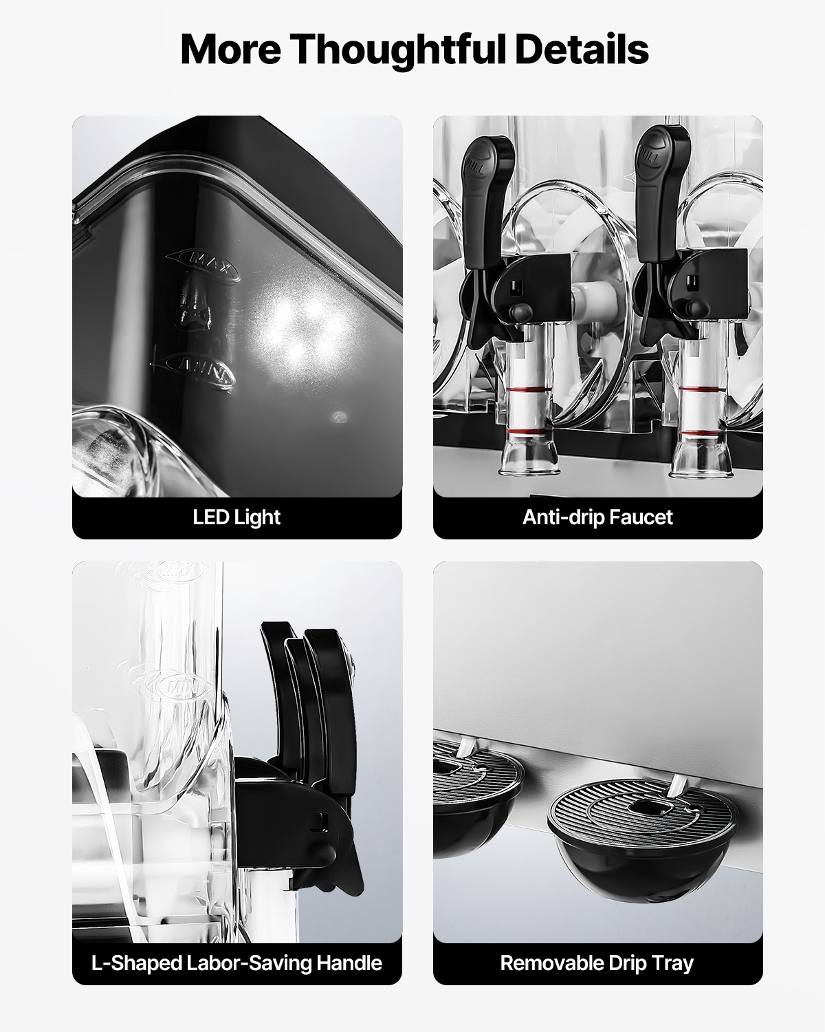 Cuatro paneles muestran características de una máquina de granizado: luz LED, grifo antigoteo, mango y bandeja.