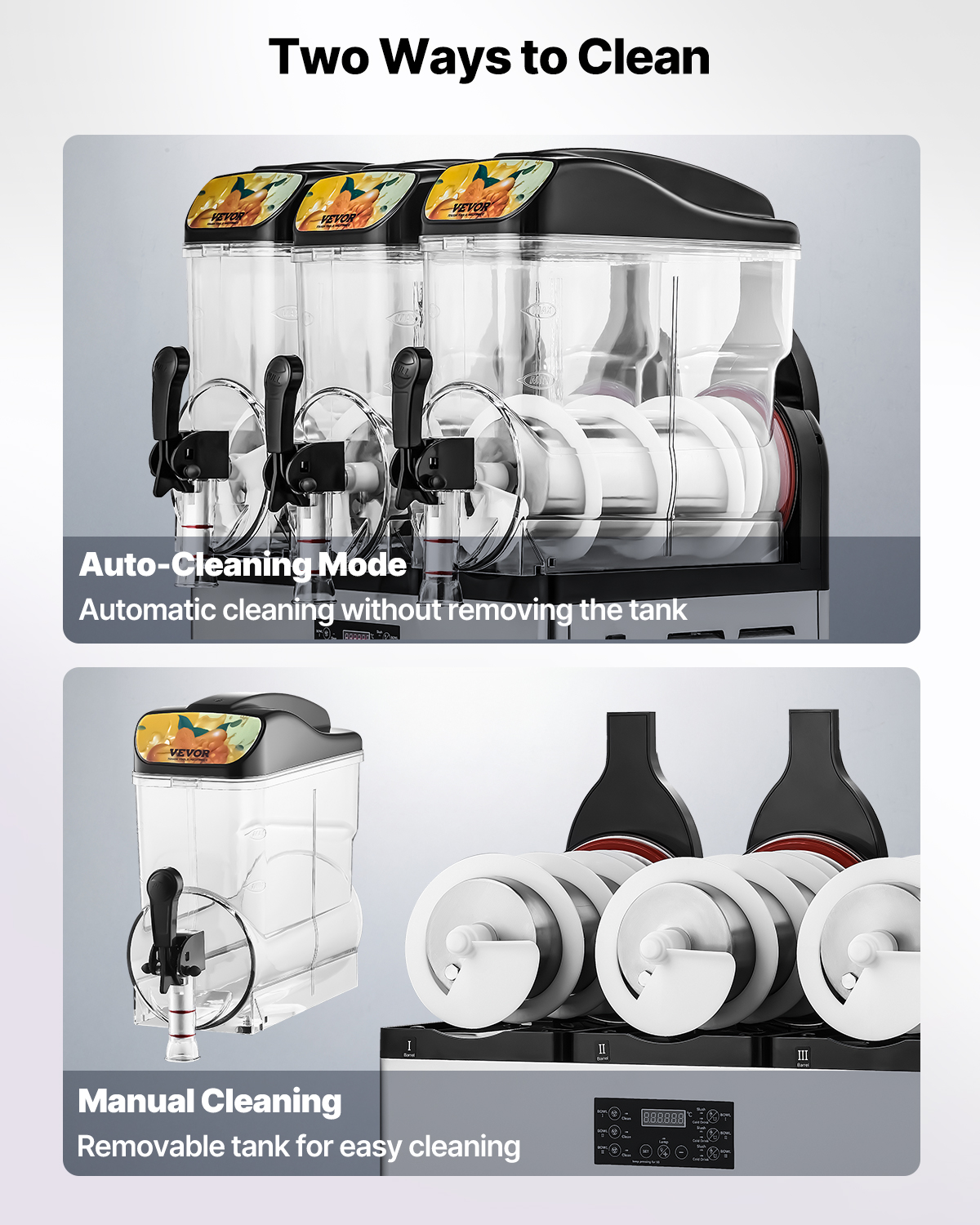 Comparación de dos modos de limpieza para un dispensador de bebidas: modo de autolimpieza y modo manual.