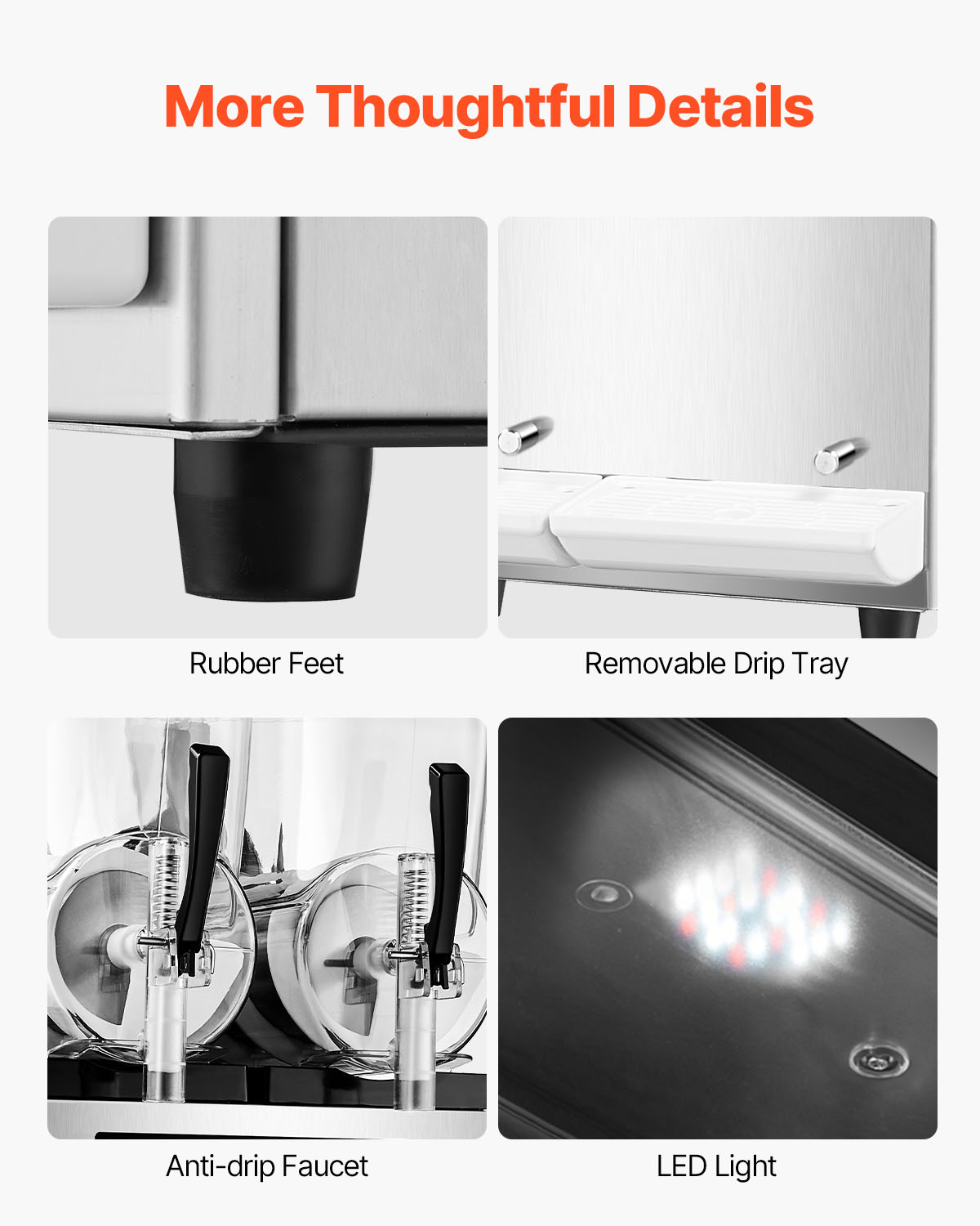 Cuatro detalles muestran patas de goma, bandeja, grifo y luz LED de una máquina de acero.