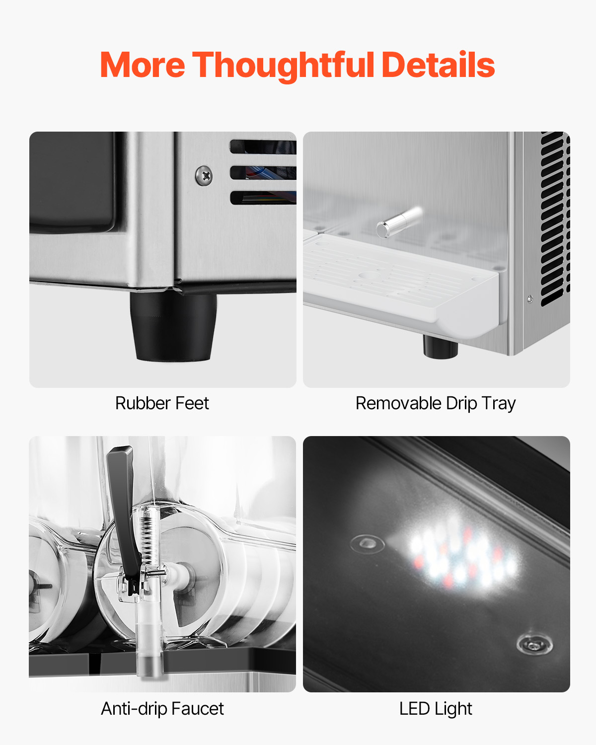 Cuatro detalles muestran pies de goma, bandeja, grifo y luz LED en una máquina.