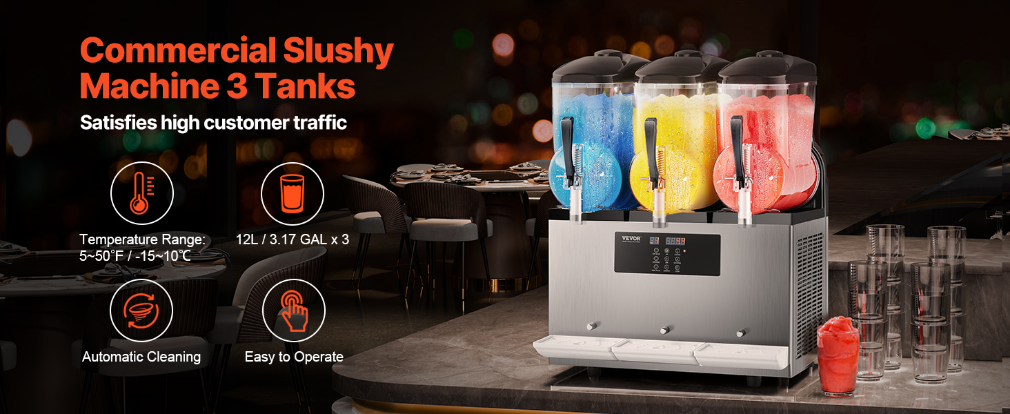 Máquina comercial de granizados de 3 tanques con bebidas azules, amarillas y rojas.