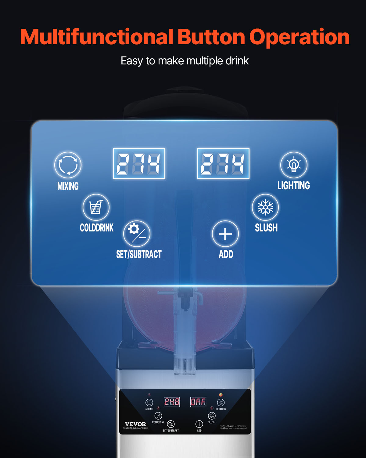 Panel de control de una máquina de granizados con botones azules y pantalla.