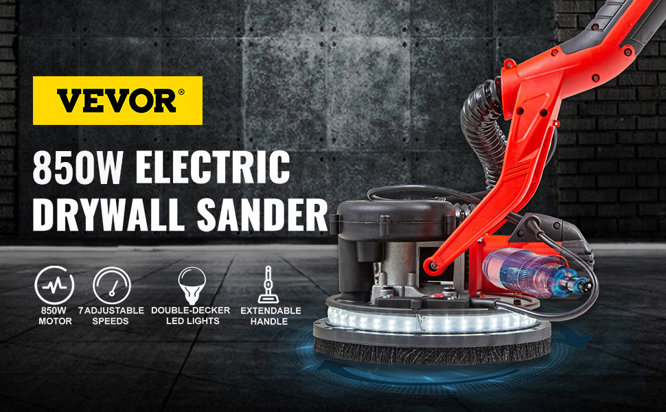 Lijadora de paneles de yeso eléctrica VEVOR de 850W con luces LED y mango rojo sobre fondo oscuro.