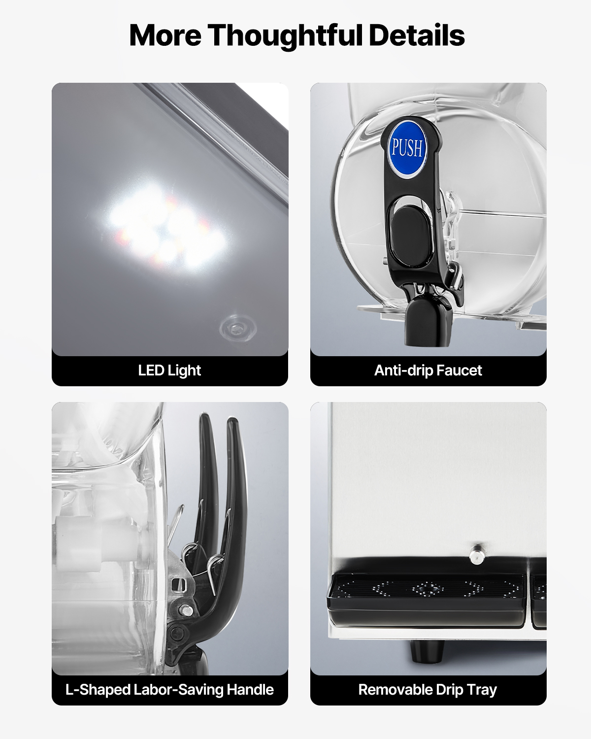 Cuatro detalles de una máquina de granizado: luz LED, grifo antigoteo, mango en L y bandeja antigoteo extraíble.