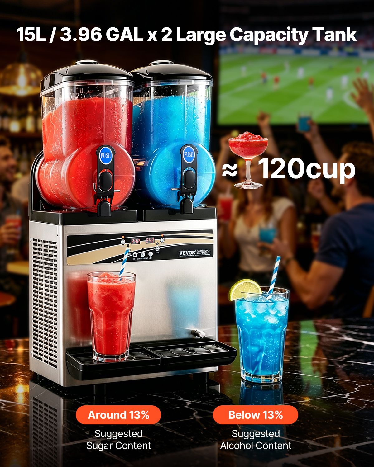 Máquina doble de granizados con bebidas rojas y azules, vasos y texto en una barra.