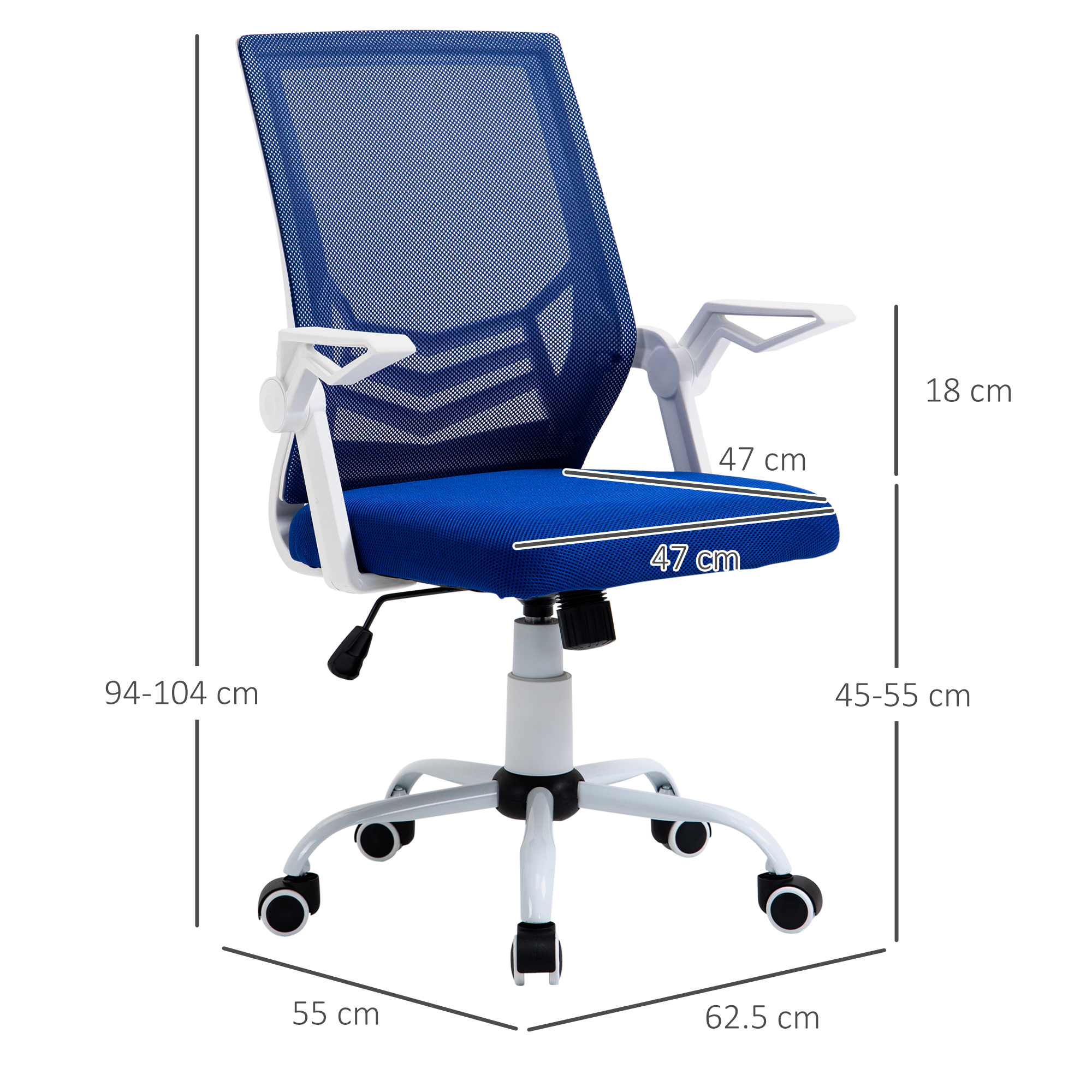 Sedia da ufficio girevole in rete blu e bianca con dimensioni.