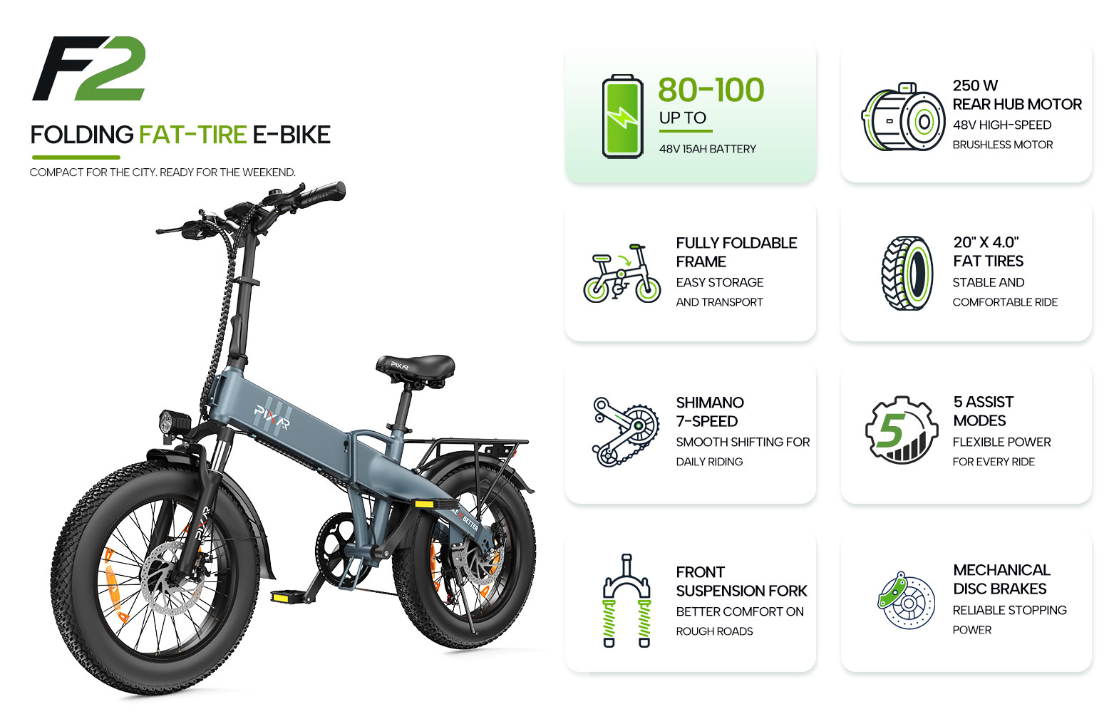 Bicicleta eléctrica plegable gris F2 con neumáticos anchos y especificaciones.
