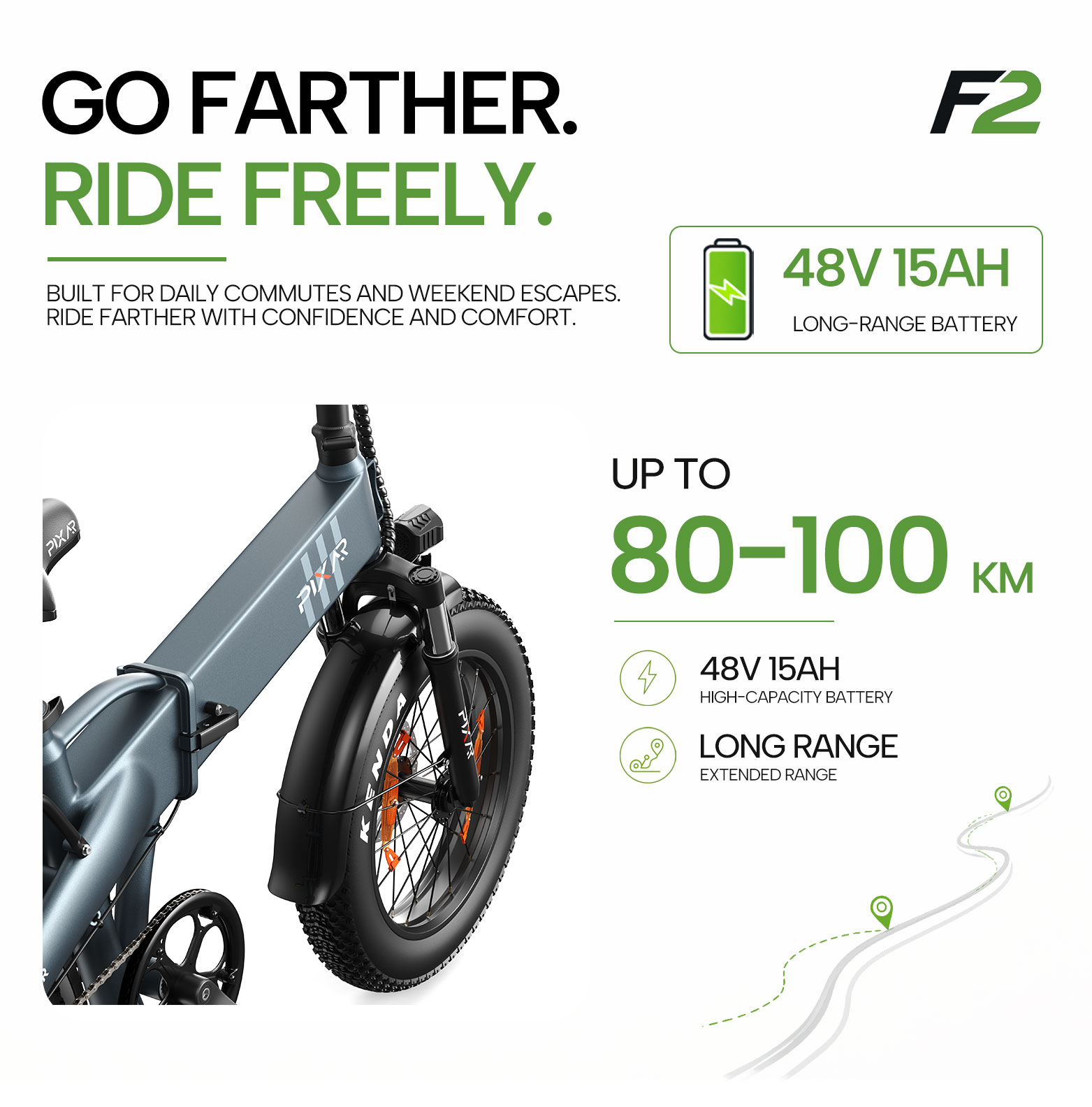 Imagen promocional de una bicicleta eléctrica F2 con batería de 48V 15Ah y alcance de 80-100 km.