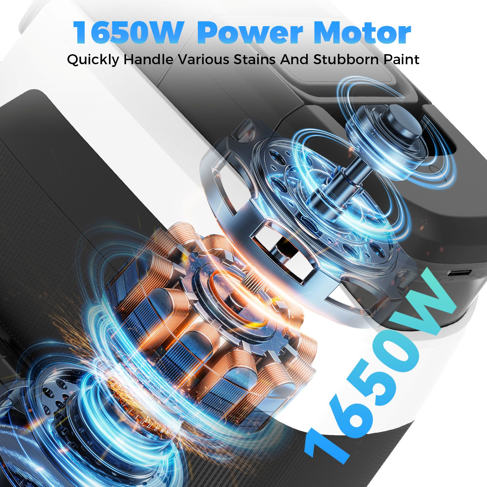 Motor de potencia de 1650W con efectos de luz azul y naranja.