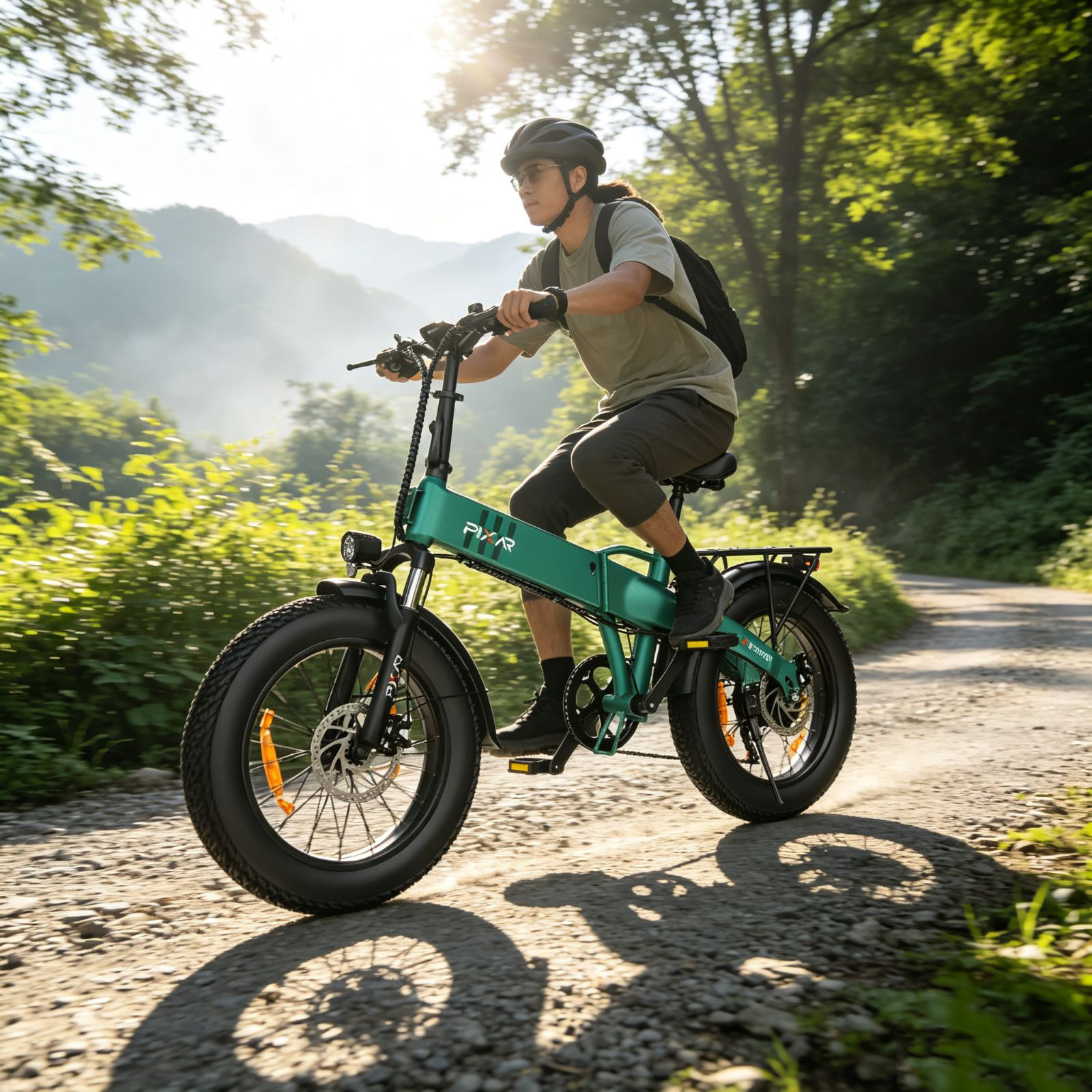Una persona con casco conduce una bicicleta eléctrica verde por un sendero de grava en el bosque.
