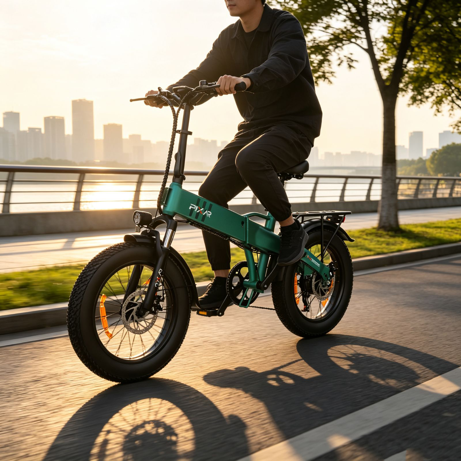 Un hombre monta en bicicleta eléctrica verde por un sendero al atardecer, con la ciudad al fondo.