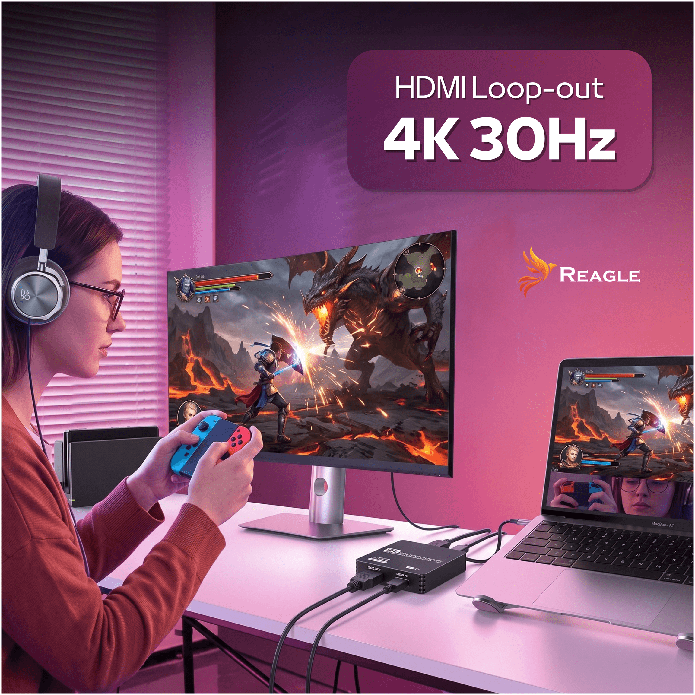 Kobieta gra na padzie podłączonym do monitora i laptopa przez kartę przechwytującą.