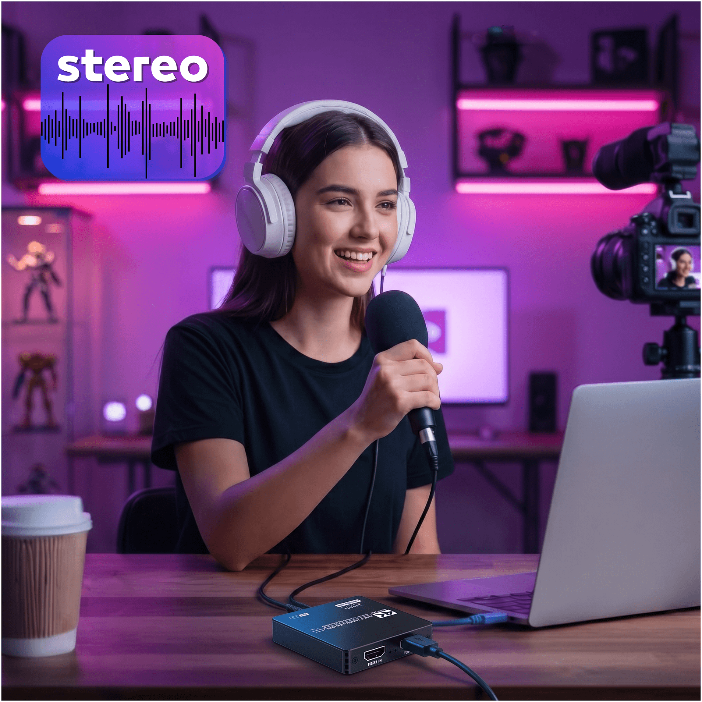 Uśmiechnięta kobieta w słuchawkach trzyma mikrofon w oświetlonym na fioletowo studio streamingowym.