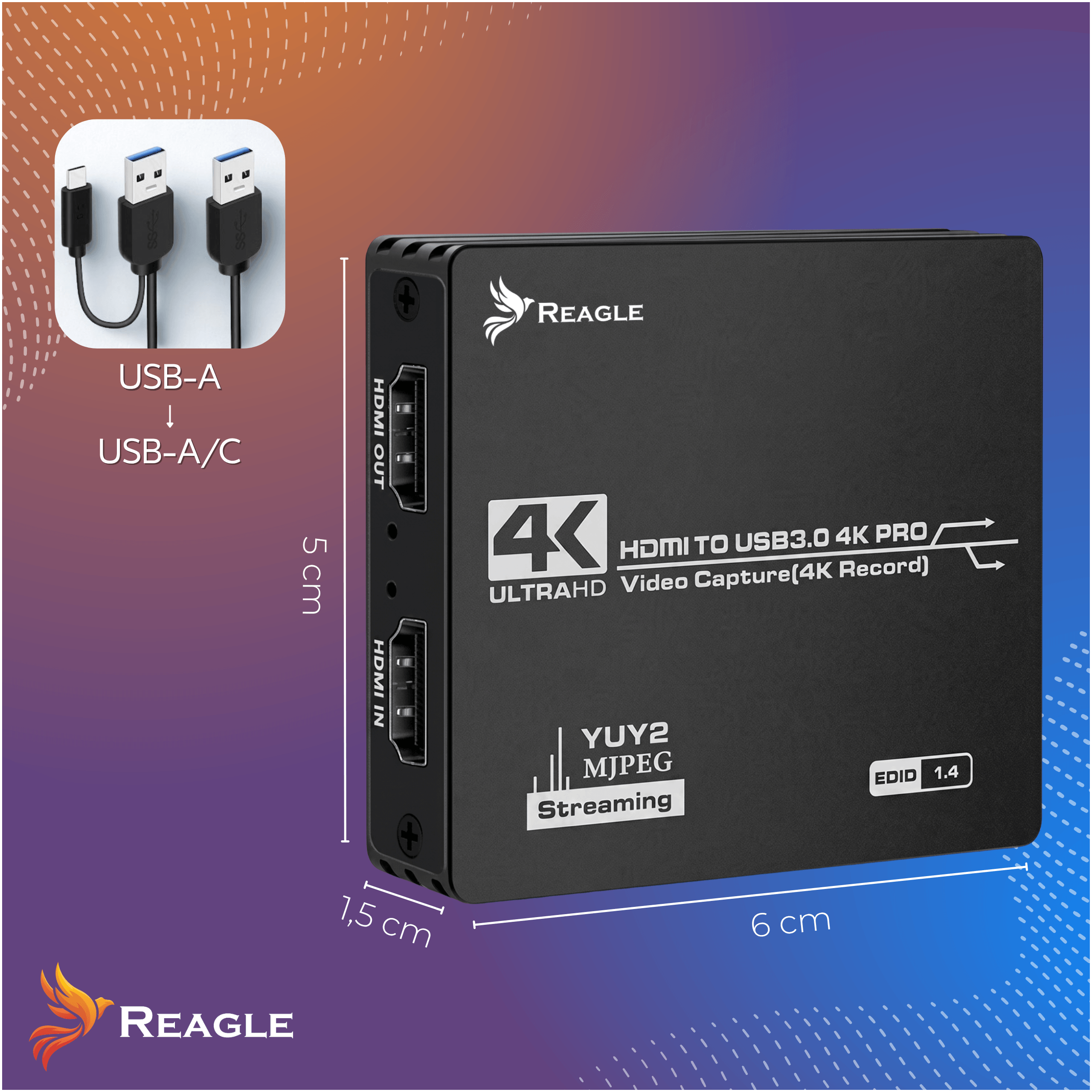 Czarna karta do przechwytywania wideo Reagle 4K z portami HDMI, wymiarami i diagramem kabli na niebiesko-pomarańczowym tle.