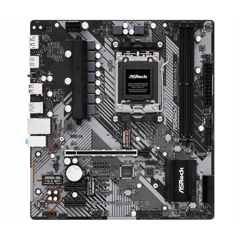 Widok z góry szarej płyty głównej micro-ATX ASRock B650M-H/M.2+ z gniazdem CPU, slotami RAM i portami.