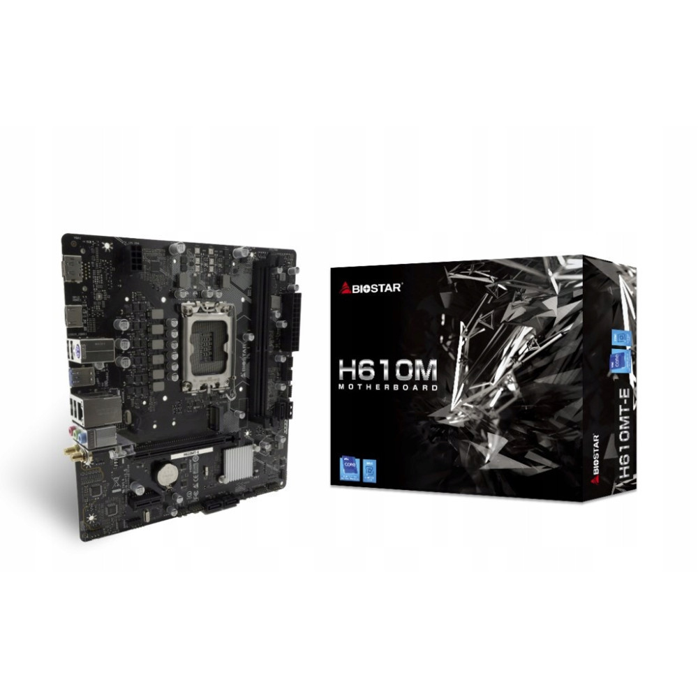 Płyta główna Biostar H610M pokazana wraz z czarnym pudełkiem.