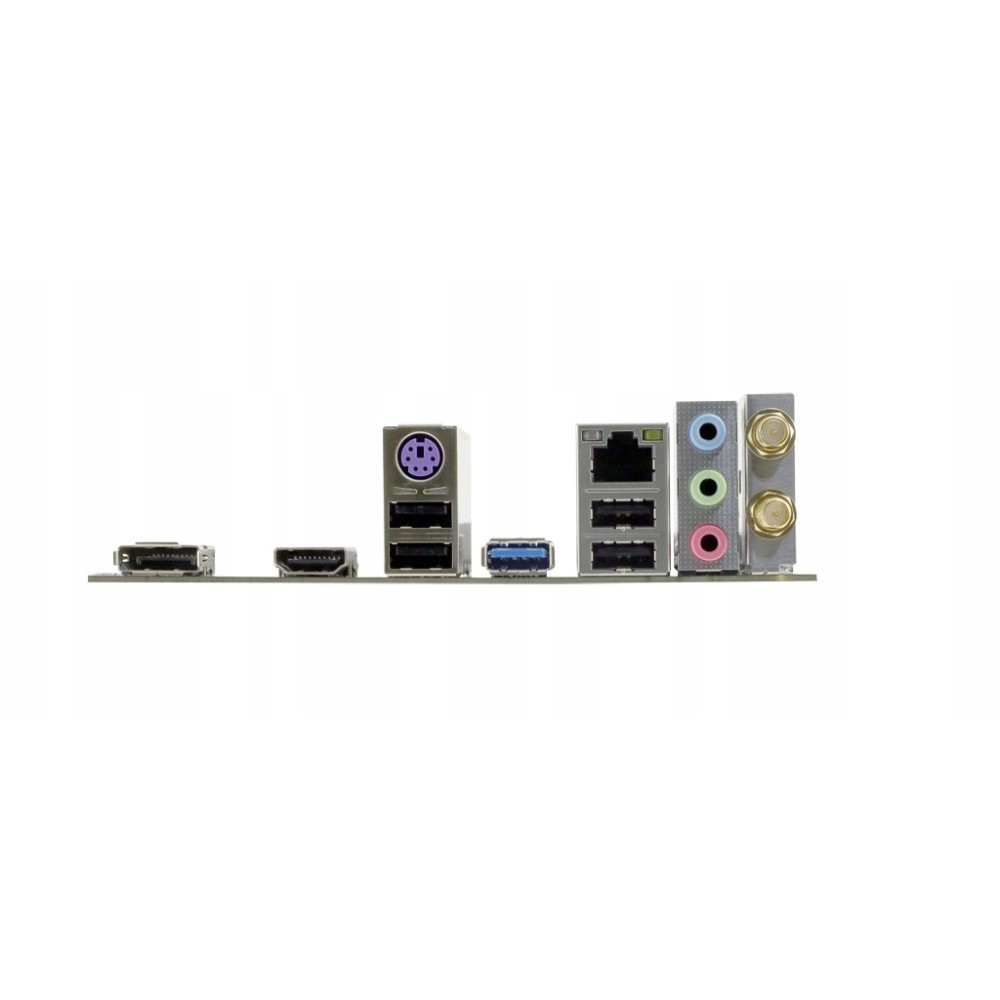Tylny panel I/O płyty głównej z portami USB, HDMI, DisplayPort, Ethernet i audio.