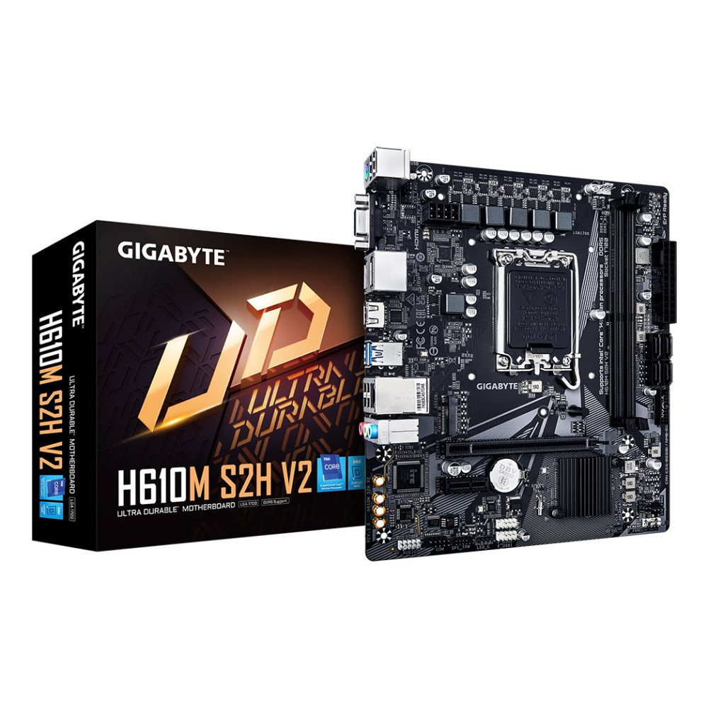 Płyta główna Gigabyte H610M S2H V2 obok czarnego pudełka.