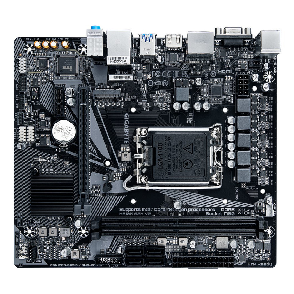 Czarna płyta główna Gigabyte H610M S2H V2 z gniazdem LGA1700 i slotami DDR5.