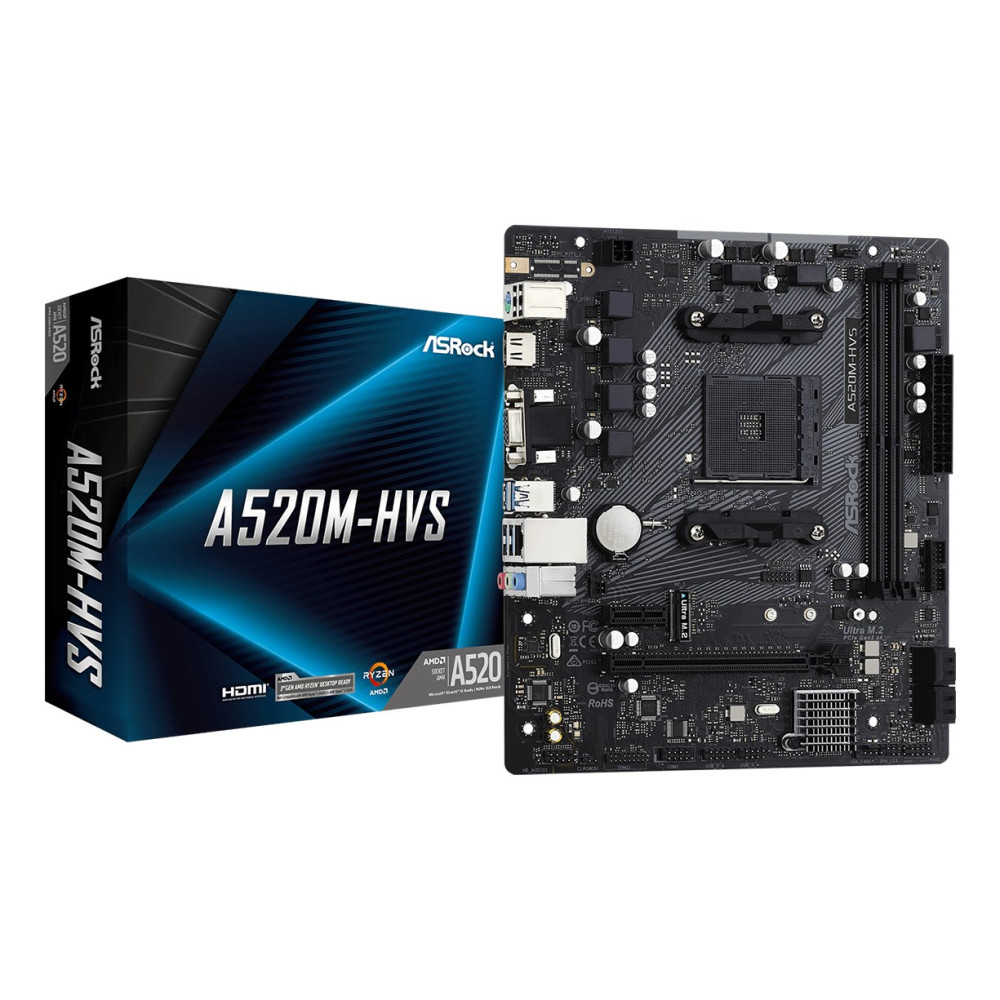 Płyta główna ASRock A520M-HVS obok niebiesko-czarnego pudełka na białym tle.