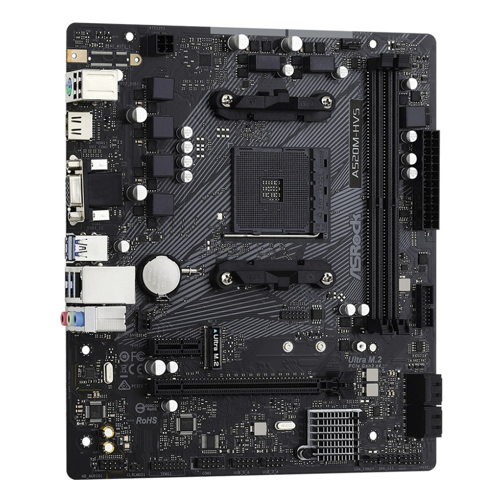 Czarna płyta główna ASRock A520M-HVS z gniazdem procesora, slotami RAM i różnymi portami na białym tle.
