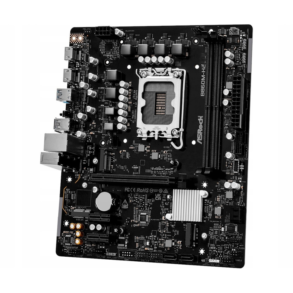 Czarna płyta główna ASRock B860M-H2 z gniazdem procesora, slotami RAM i portami.