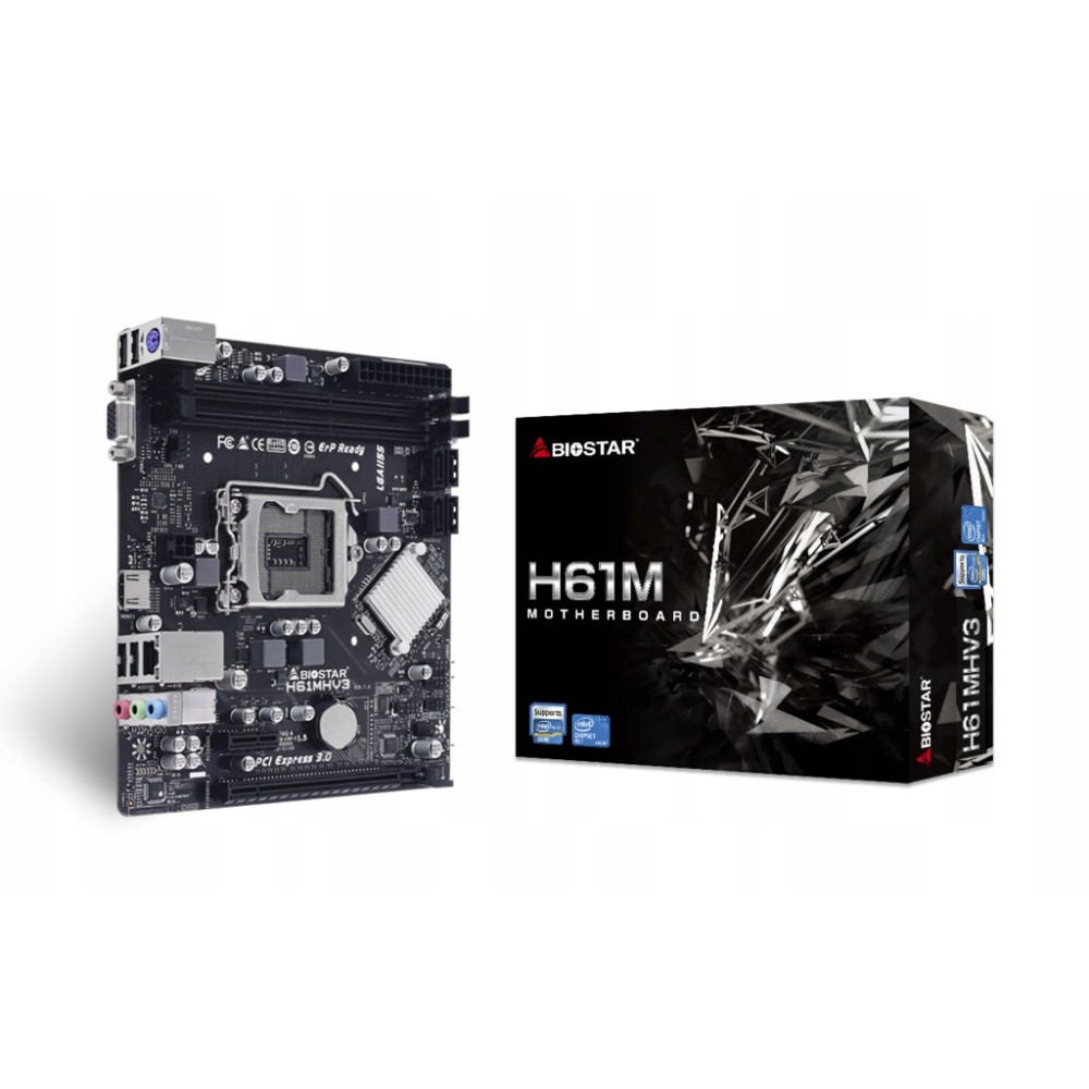 Płyta główna Biostar H61M z czarnym laminatem obok pasującego pudełka na białym tle.