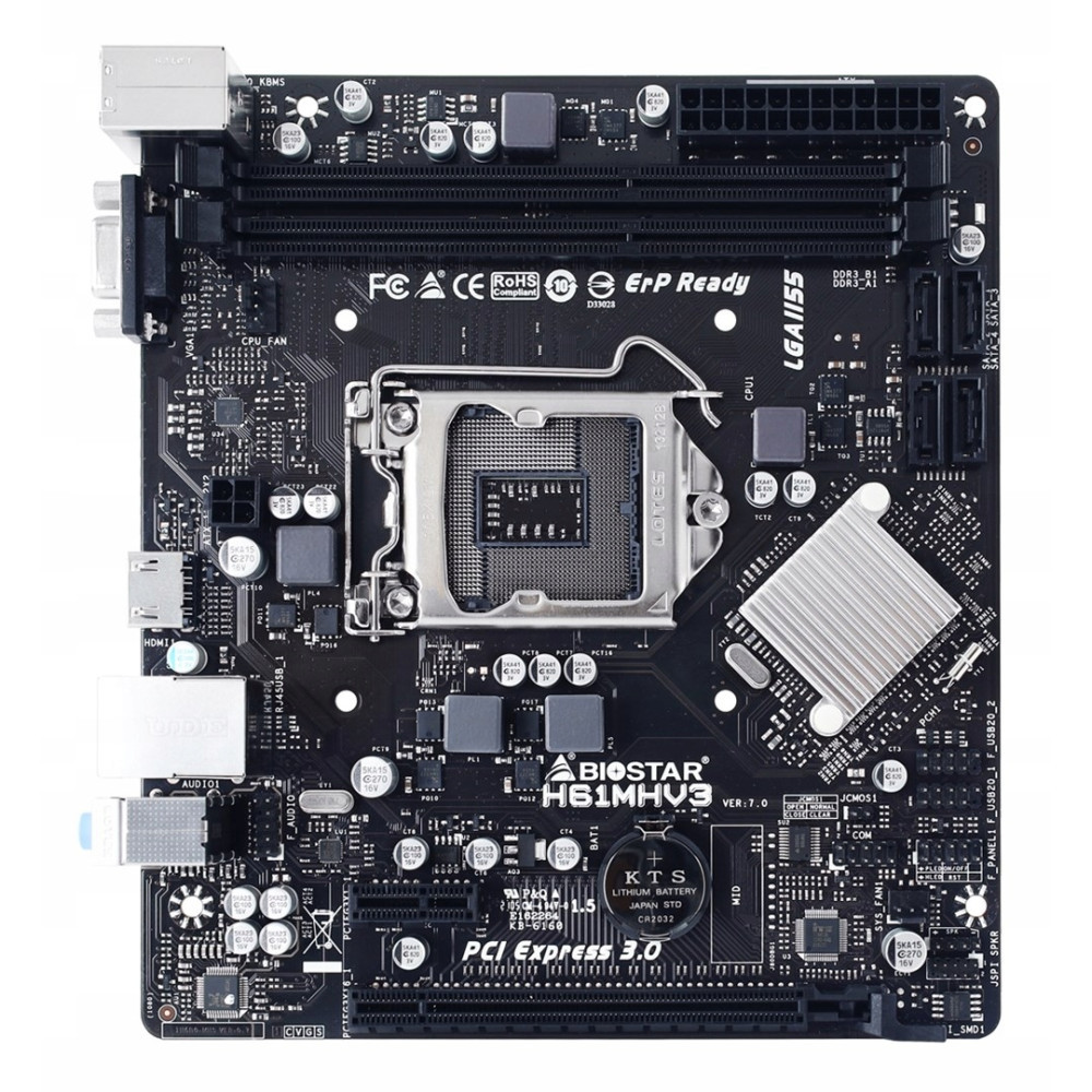 Czarna płyta główna Biostar H61MHV3 z gniazdem CPU, gniazdami RAM i obwodami na białym tle.