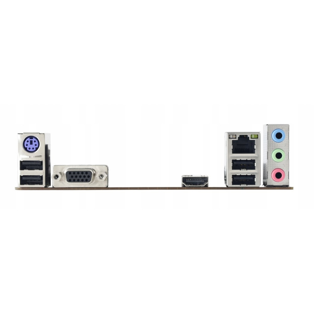 Tylny panel płyty głównej z portami PS/2, VGA, HDMI, USB, Ethernet i audio na białym tle.