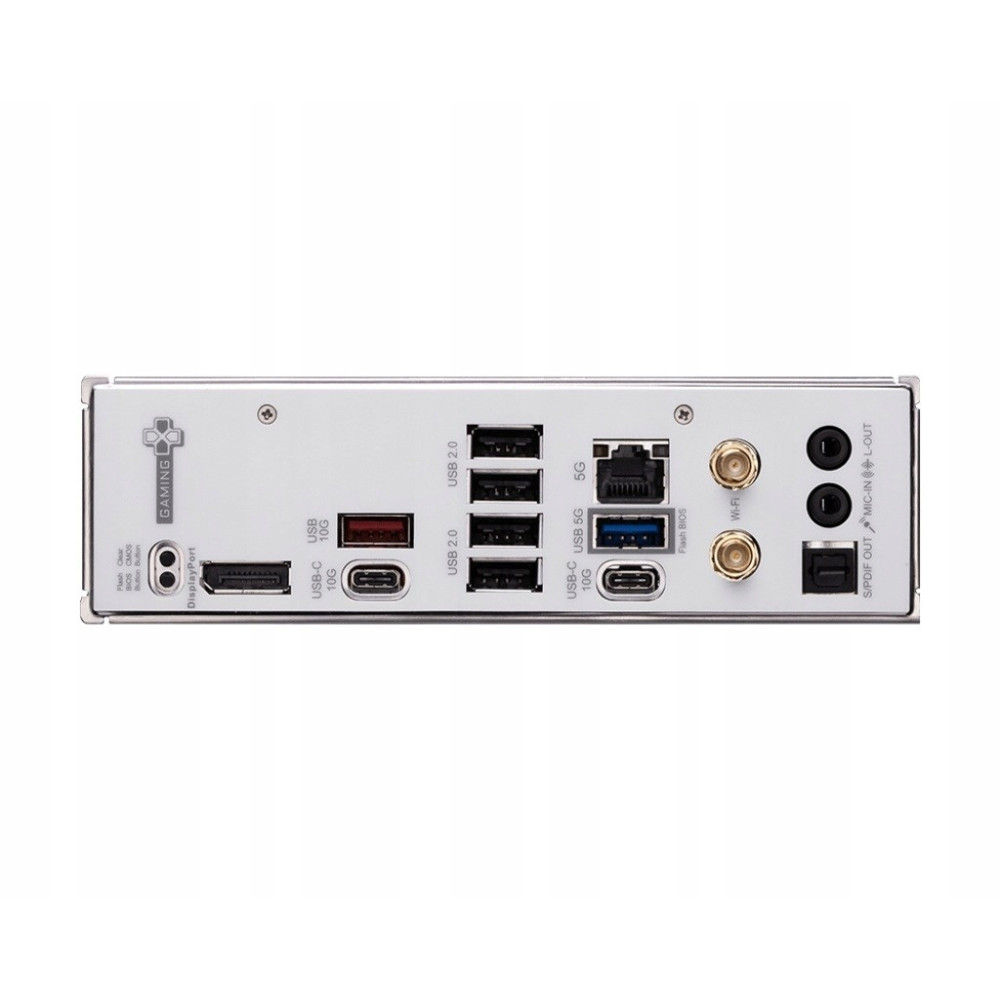Tylny panel płyty głównej z portami USB, DisplayPort, LAN, audio oraz złączami antenowymi Wi-Fi.