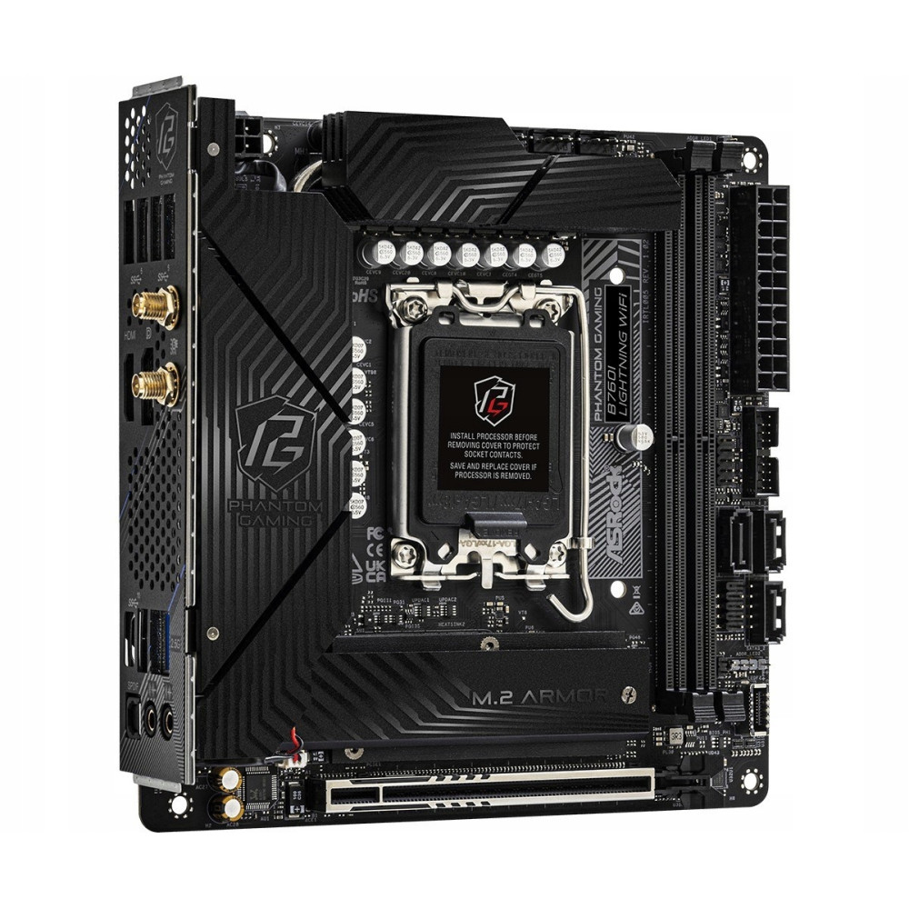 Czarna płyta główna ASRock B760I Lightning WiFi mini-ITX z gniazdem i osłoną M.2.